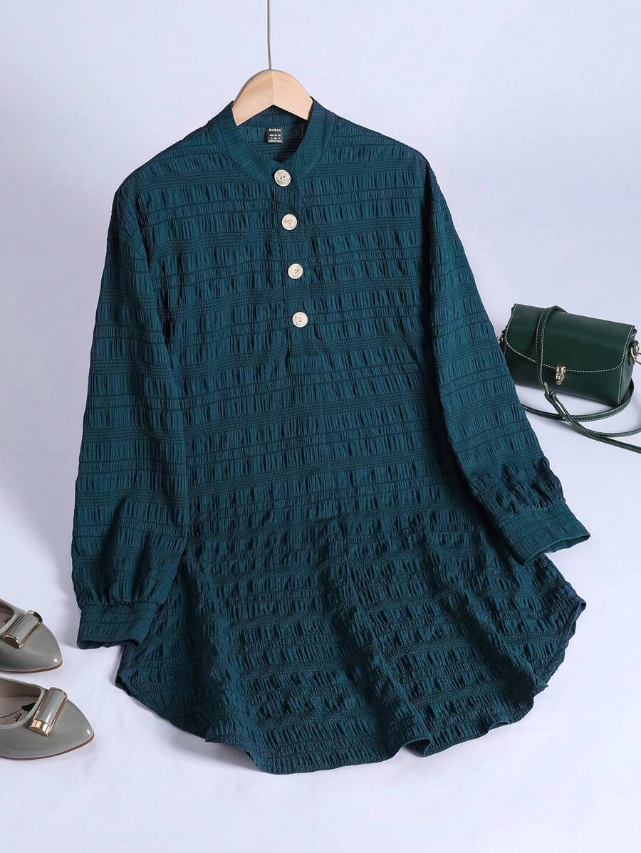 Modelyn 女式纯色纽扣半襟长袖衬衫