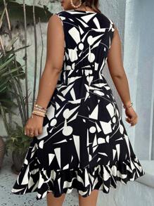 Breezaya Plus Size Patchwork Pattern Shirred Sleeveless Waist Asymmetrical Drawstring Ruffle Trim Below Knee Elegant Commuter Dress - Multicolor - View 2