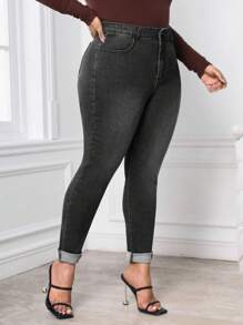 SHEIN Frenchy Quần Jeans Skinny Đen All-Match Size Lớn Cho Nữ, Thường Ngày & Đa Năng - màu đen - Xem 6