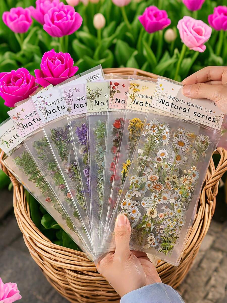 复古植物艺术贴纸设计水彩花卉日记用品哑光乙烯基剪贴簿粘性贴花适用于计划员日记本速写本档案品质无酸 - 彩色 - 查看 1