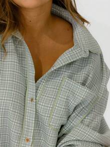 Aralina Curve Light Green Button-Front Gingham Boyfrieend Shirt And Shorts Set - Green - View 3