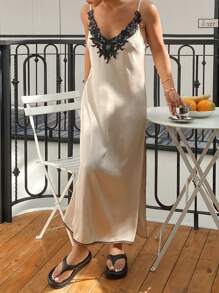 DAZY Satin Patchwork Contrast Color Lace Camisole Long Nightgown Pajama - Beige - View 4