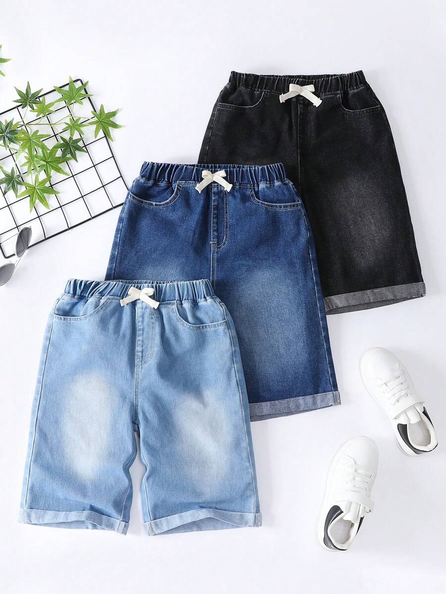 Denimly Tween 男童三件套：休闲都市街头风格牛仔抽绳腰百慕大短裤 - 彩色 - 查看 1