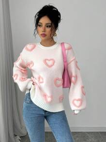 Chiquease Suéter de punto informal con gráfico de corazón rosa