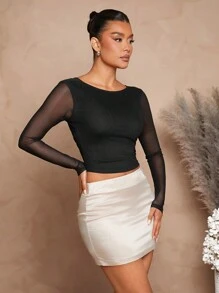 L'Amorae Summer Women Clothes, Sexy Crewneck Black Mesh Backless Top Simple Fashionable Daily Casual Solid Color, Women Tops, Crop Women Tops, Sexy Women Tops, Long Sleeve Top, Going Out Tops, Black Top For Date Night, Concerts, Performances, Daily, Parties, Music Festivals - Black - View 4