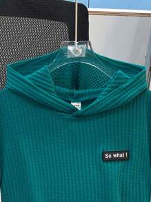 SHEIN 2pcs/Set Setelan Anak Laki-laki Remaja Warna Teal Musim Panas Kasual Liburan Warna Solid Kontras Motif Waffle Hoodie Lengan Pendek dan Celana Pendek Pinggang Elastis - MultiWarna - View 5