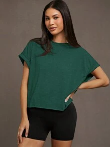 SHEIN Essnce Damska koszulka z krótkim rękawem w jednolitym kolorze z wycięciami - Ciemnozielony - Zobacz 2