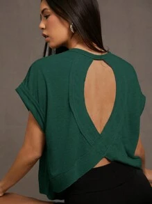 SHEIN Essnce Damska koszulka z krótkim rękawem w jednolitym kolorze z wycięciami - Ciemnozielony - Zobacz 3