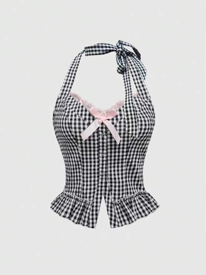Kawaii Cute Sweet Bow Decor Halter 2 In 1 Women Tank Top