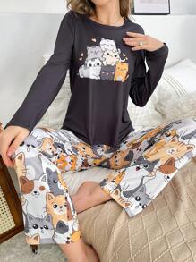 可爱猫咪图案女士睡衣套装，秋冬舒适优雅细节