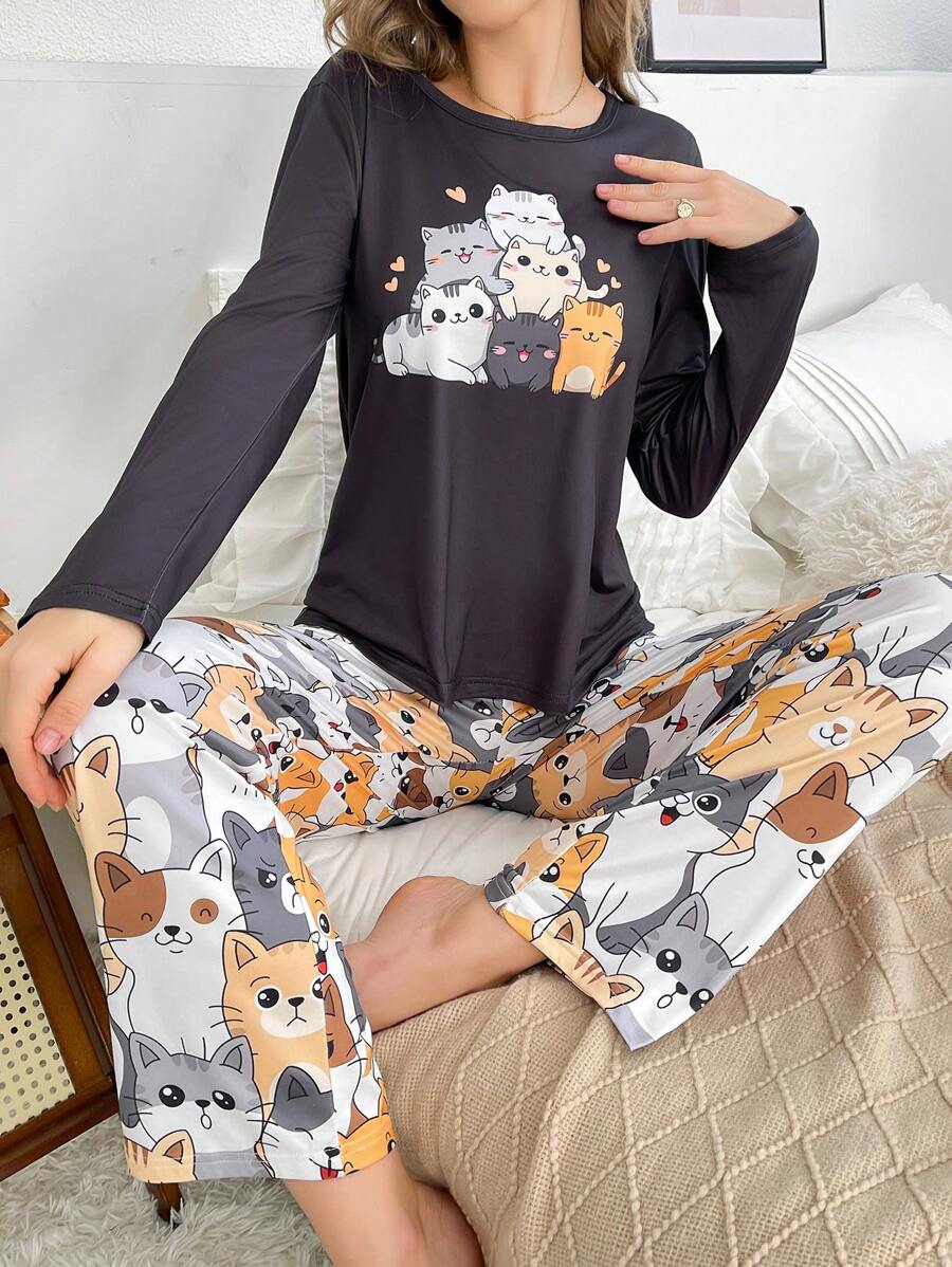 可爱猫咪图案女士睡衣套装，秋冬舒适优雅细节