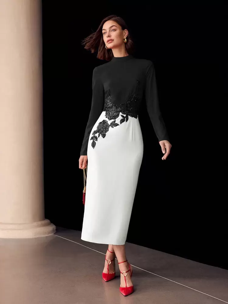 SEQUIN FLORAL EMBROIDERY COLORBLOCK DRESS