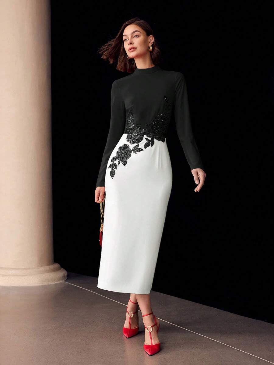 MOTF PREMIUM 亮片花卉刺绣拼色连衣裙 - 黑與白 - 查看 1