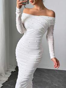 Firerie 女士优雅白色露肩珍珠装饰褶饰修身长裙，优雅浪漫，适合派对、情人节 - 白色 - 查看 9