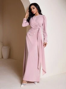 Veilorie 女士纯色圆领长袖简约休闲长款阿拉伯风格连衣裙