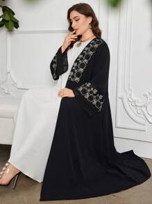 Al Najma Plus Size Women's Floral Embroidered Flared Sleeve Chiffon Patchwork Loose Comfortable Luxurious Arabic Style Robe, Modest Abaya