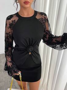 Chiquease Blusa de estilo francés para mujer con mangas largas, bordado floral, recortes de encaje y volantes