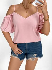 SHEIN LUNE Plus Size Elegant Ruffle Ruffled Trim Fashionable Flattering V-Neck Blouse
