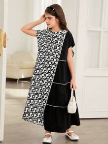 SHEIN Leap Crew Tween Girls'' Loose Casual Patchwork Colorblock Geometric Pattern Midi Dress - White - View 5