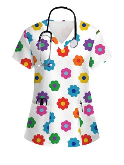 PopScrub Cute Cartoon Floral Print Scrub Uniform Top Set Scrub Set Nurse Dresses Scrub Tops Scrub Bottoms Lab Coats Scrub Outwear Print V Neck Frosted Scrub Top, Casual Short Sleeve Work Wear, Women Sweetheart V-Neck Ruched Blouse, Women Short Sleeve V-Neck Nurse Scrub Uniform Shirt With 2 Pockets, Soft Stretchy Ruched Graphic Tee