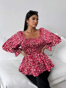 Franclia Camisa holgada casual de manga larga con estampado todo sobre cuello cuadrado talla grande