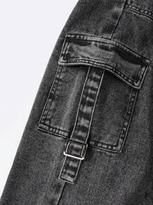 SHEIN 大童弹力腰复古街头时尚多口袋侧面 D 形环装饰黑色牛仔工装裤 - 黑色 - 查看 6