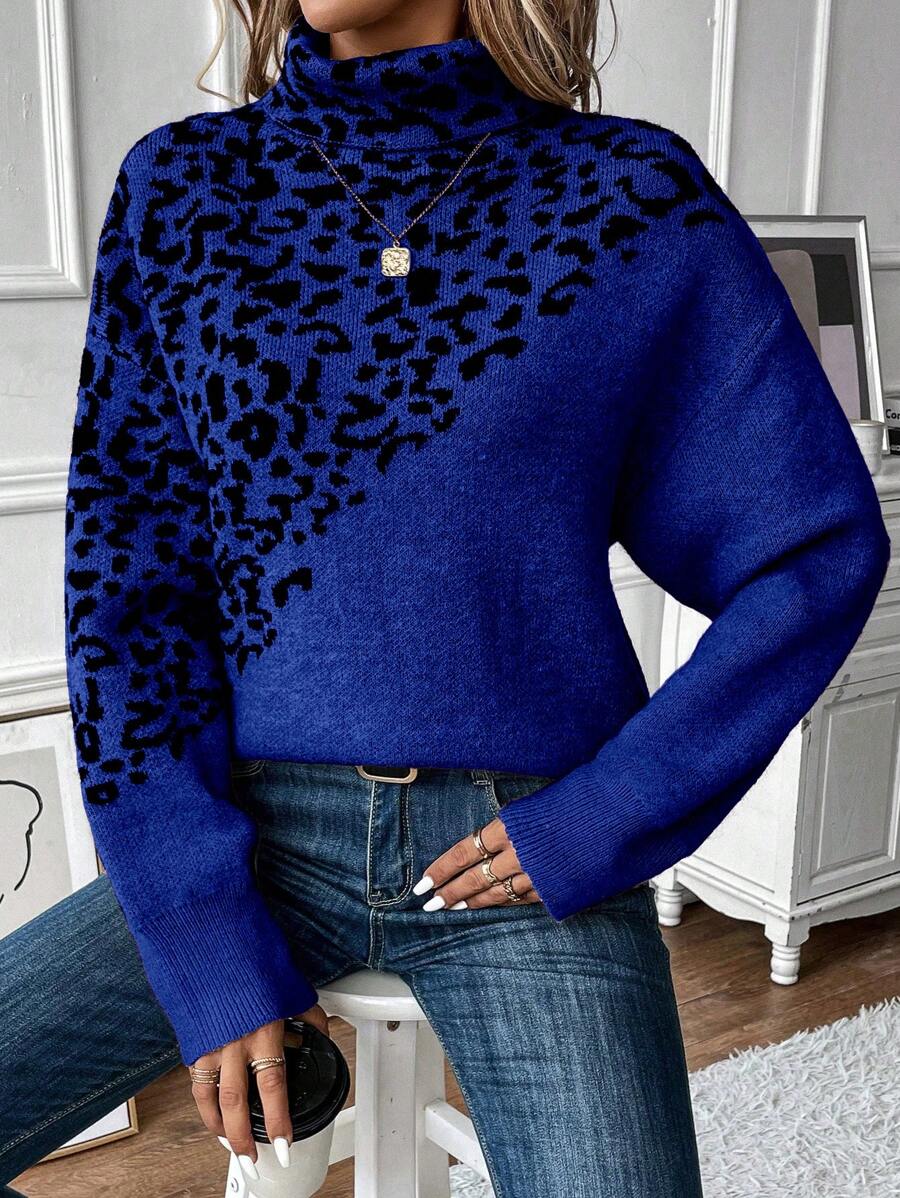 SHEIN LUNE Women Leopard Pattern High Neck Loose Fit Pullover Sweater, Autumn/Winter Knit Pullover Fall Sweater - Royal Blue - View 1