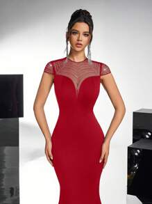 Glamrae Elegant Red Mesh Sheer Rhinestone Patchwork V-Neck Padded Waist Slimming Backless Sheer Hollow Out Fishtail Floor Length Gown, Suitable For Dating, Single, Vacation, Prom, Wedding Party, Wedding Guest Dress, Formal Dress, Evening Dress