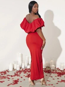 SHEIN SXY Vestido maxi con hombros descubiertos y ajustado para mujer talla grande, nuevo para primavera y verano, con tema de San Valentín en rojo, ideal para bailes, citas, cumpleaños, despedidas de soltera. Es lindo, casual, para ir de compras, salir, y fácil de combinar. Resalta la figura y la estiliza.