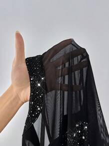 SHEIN Privé Plus Size Valentine Glittering Black Sheer Mesh Mini Long Sleeve Dress