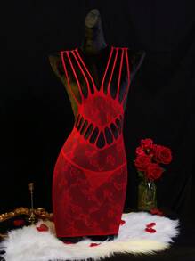 2 Pieces Valentine's Sexy Heart Cut-Out Sheer Lingerie Nightgown For Women
