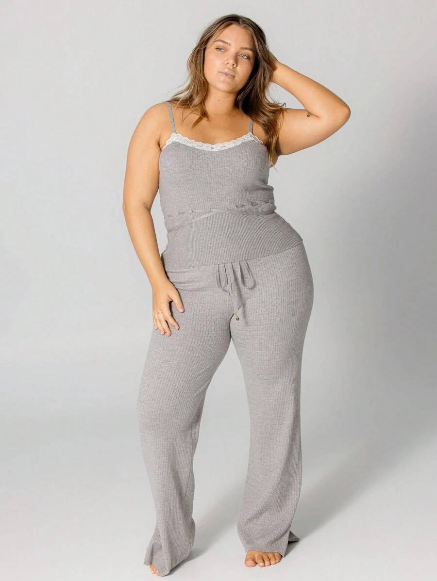 Aralina Cozy Curve Lace Trim Soft And Stretch Gray Rib Knit Front Tie Sleeveless Sleep Set With Headband - Grey - View 1