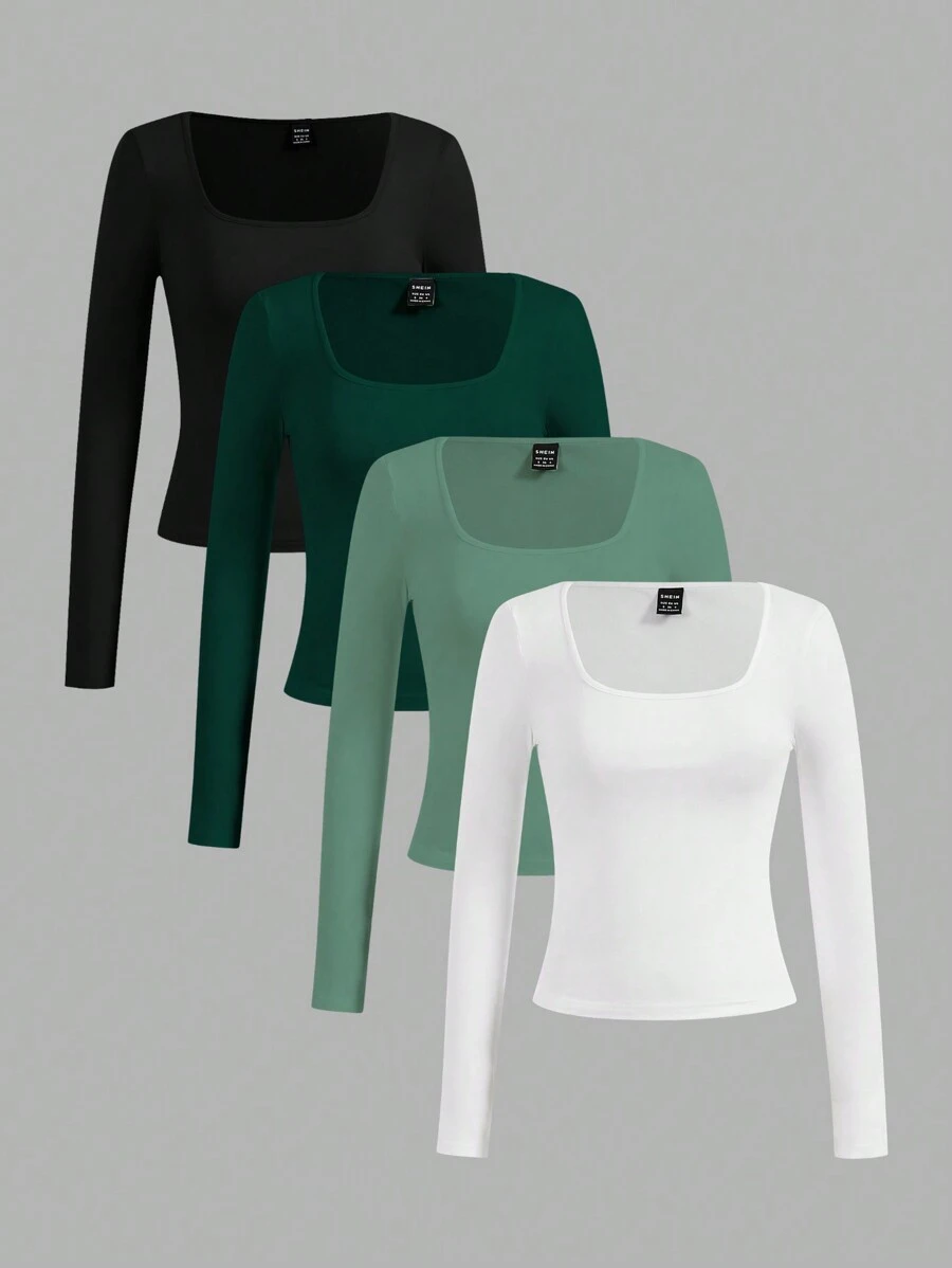 SHEIN Essnce 4pcs/Set Women Casual Square Neck Long Sleeve Solid Color Versatile T-Shirts, Suitable For Spring And Autumn - Multicolor - View 1