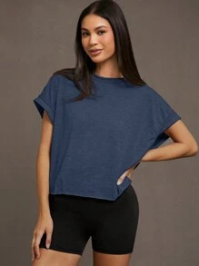 SHEIN Essnce 女士纯色露背短袖宽松休闲 T 恤 - 藏蓝色 - 查看 3