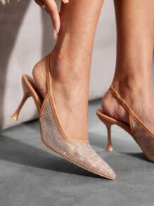 CUCCOO SZL Apricot Color Crystal Pointed Toe High Heel Women Pumps - Apricot - View 6