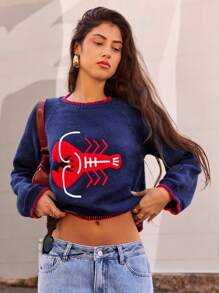Forever 21 Winter New Round Neck Contrast Color Jacquard Lobster Pattern Casual Versatile Sweater Long Sleeve Tops Sweater New Years Women Outfit Y2k Clothes