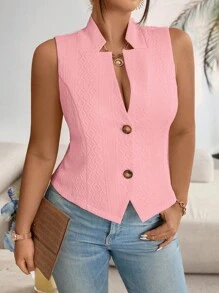 SHEIN Clasi Plus Size Solid Color Jacquard Fitted Vest Suit - Pink - View 3