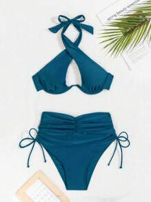 SHEIN Swim Conjunto de 2 piezas de ropa de baño para mujer con forro de sujetador de acero, top corto sexy de cuello halter de unicolor y pantalones cortos de verano