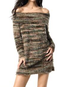 LYSMO 女士露肩仿皮草迷你连衣裙 - 彩色 - 查看 3