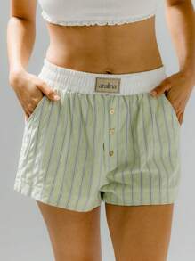 Aralina Sleepwear Stripe Contrast Waist Button Casual Comfy Lounge Flowy Boxer Shorts