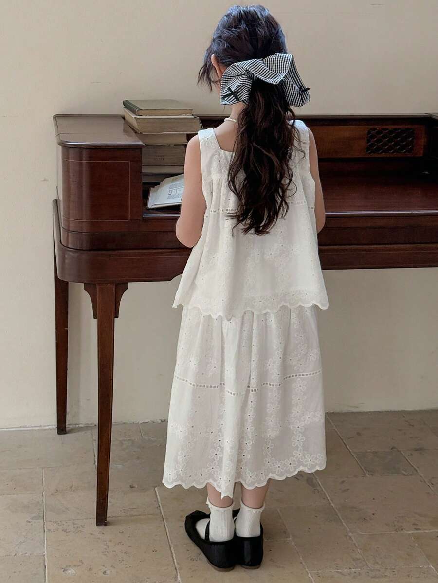 Dazy Kids 2pcs/Set Girls Tween Girl Sleeveless Square Neck Top + A-Line Skirt Outfit, Summer Vacation - White - View 1