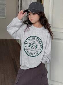 DAZY 青少年女孩字母印花圆领长袖休闲运动衫，返校服装 - 灰色 - 查看 6