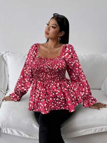 Franclia Camisa holgada casual de manga larga con estampado todo sobre cuello cuadrado talla grande
