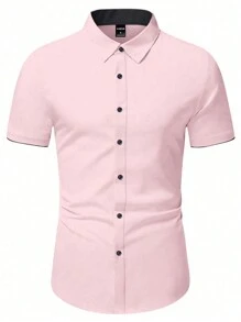 Manfinity Mode Men's Solid Color Panel Front Button Short Sleeve Casual Top, Daily Wear Men S Dress Shirts Short Sleeve - Baby Pink - View 3