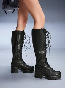Cuccoo CUCCOO GRLICON Women Lace-Up Front Platform Fashion Black Elegant Outdoor Combat Boots Vacation Shoes Summer Halloween For And Spring Shoes Spring Break Easter