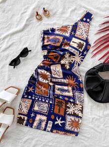 Soleia Women Vacation Knitted Textured One-Shoulder Ruched Waist Vintage Marine Creature Print Bodycon Mini Dress - Multicolor - View 5