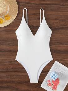 Bonvoyette 2026 Spring/Summer White Spaghetti Strap Deep V-Neck Fitted Elegant Solid Color One-Piece Swimsuit For Women - White - View 2