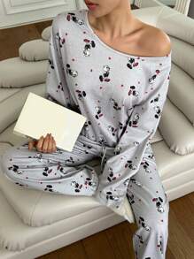 DAZY Cartoon All Over Print Loose Large Neck Women's Spring Pajama Set - Grey - View 3