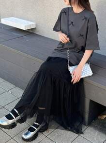 FRIFUL Women's Casual Grey Knitted Long T-Shirt With Round Neck, Short Sleeves, And Contrast Mesh Bow Details - Grey - View 7