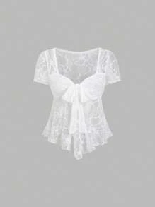 SHEIN Unity 女式春夏 V 领短袖 T 恤，Ankla 红色纹理网眼蝴蝶结修身性感短款上衣